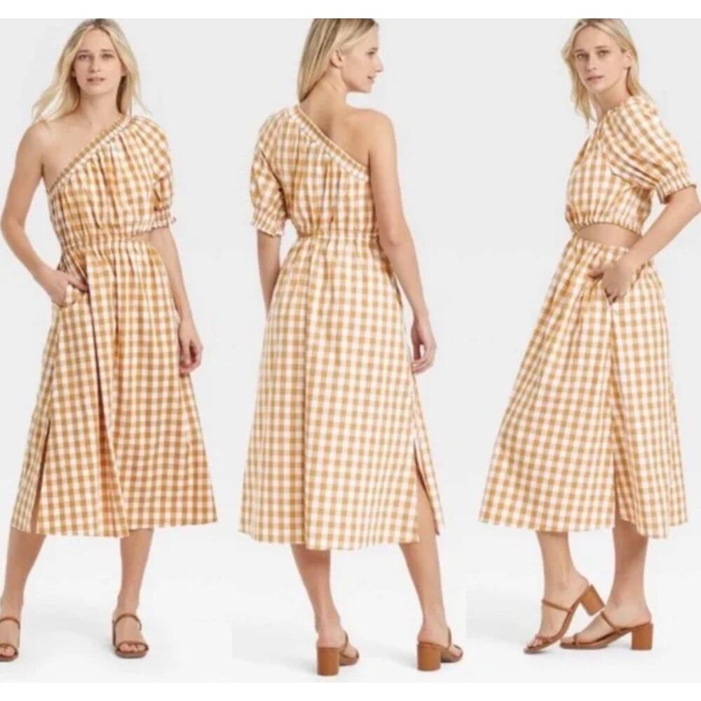 Whoโ What Wear NWT One Sleeve Cutout Midi Dress Gingham Honey Mustard Gold Sz XS
